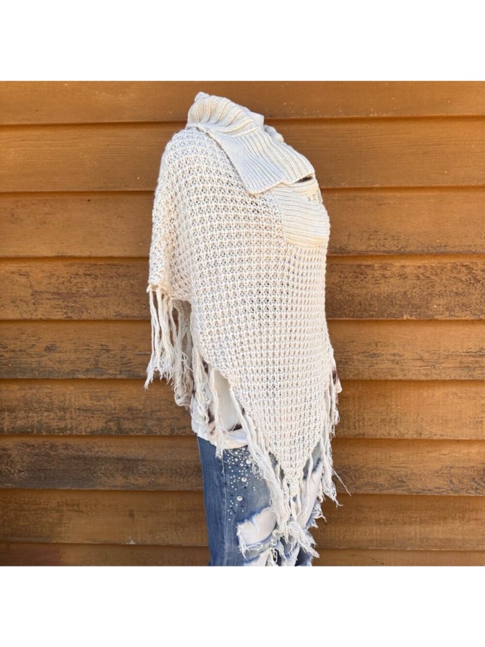Say What Y2K Beige Woven Acrylic Fringe Poncho Button Collar Open Knit Design - Picture 6 of 8